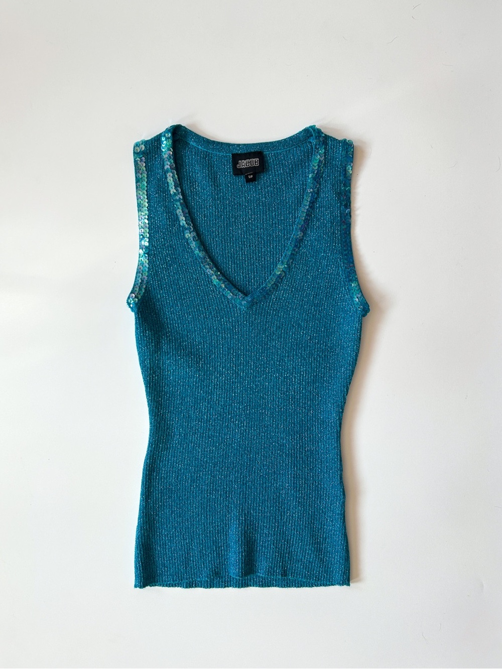 Jacob Teal V-Neck Knit Tank with Sequin Trim